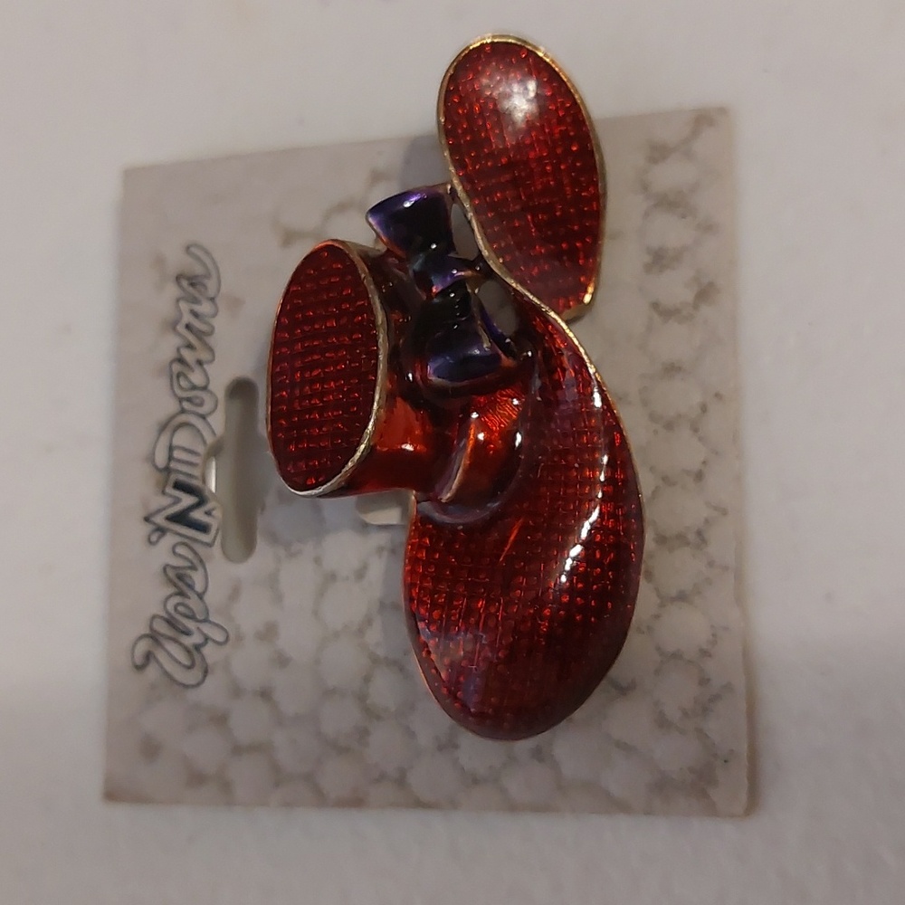 Vintage 1980s Ups 'N Down Red Enameled Hat Brooch Pin New Old Stock